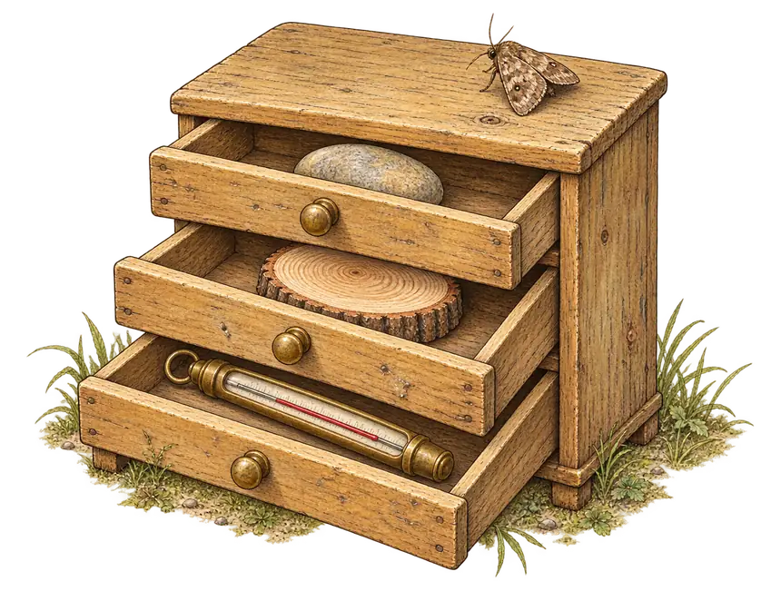 A small wooden specimen cabinet with its drawers pulled open, holding a smooth warm stone, a slice of tree trunk showing its rings, and a brass thermometer, with a moth resting on top