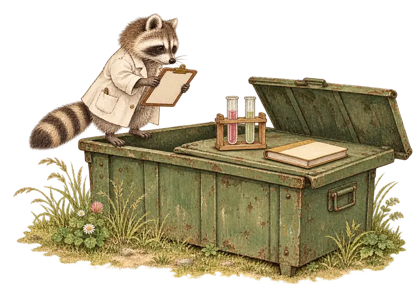 A raccoon in a small white lab coat stands on the rim of an old green dumpster, reading a clipboard, with a rack of test tubes and a notebook balanced on the lid