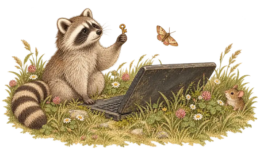 Pen-and-watercolour drawing of an old black laptop lying half-buried in a grassy hillside among clover and daisies, while a raccoon holds up a tiny brass key, a moth flutters overhead, and a field mouse peeks in from the side