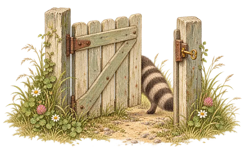 A weathered wooden garden gate standing ajar in the grass, a brass key left in its latch, and a striped raccoon tail just disappearing through it