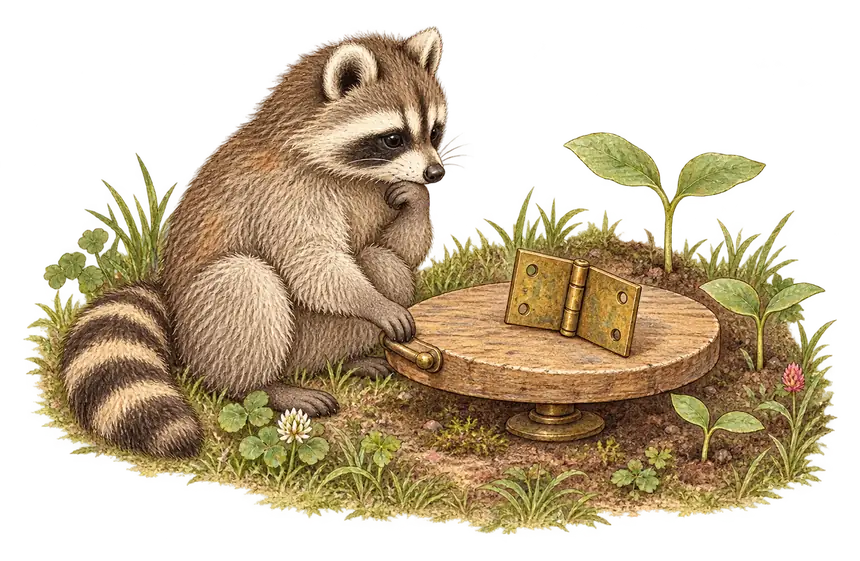 A raccoon sits in a garden bed, chin in paw, slowly turning a small round wooden table on which lies a single brass door hinge; nearby seedlings open their paired leaves like hinges