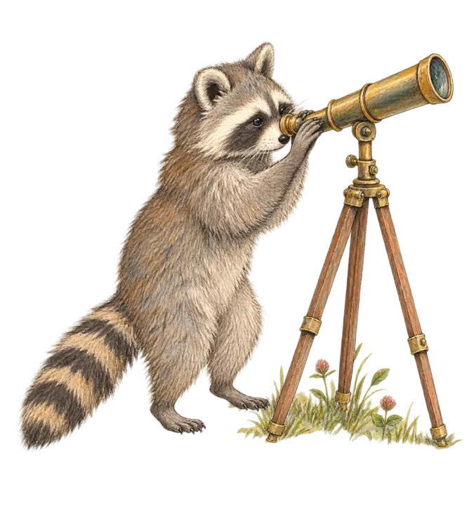 A raccoon standing at a brass telescope on a wooden tripod, peering intently to the right